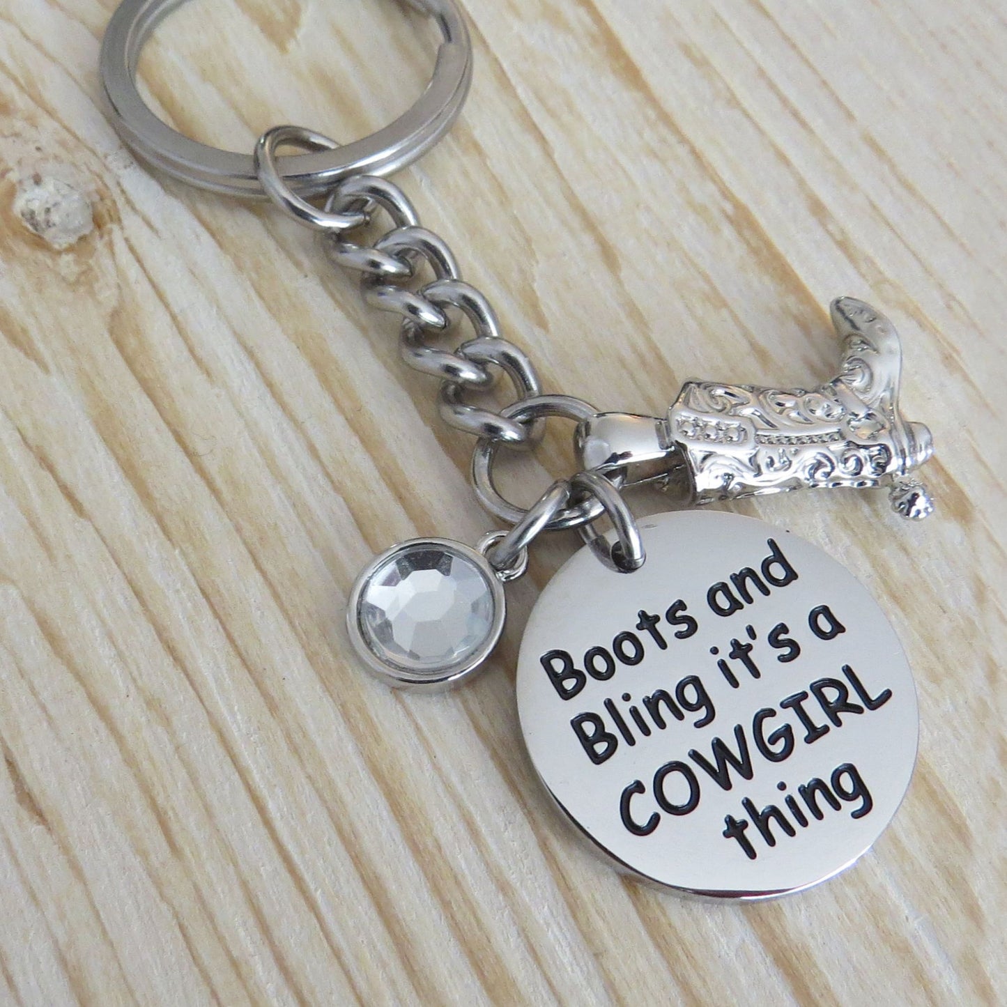 Boots and Bling It's a Cowgirl Thing" Stainless Steel Disc with Crystal Charm and 3-D Cowgirl Boot Pendant Necklace 18"