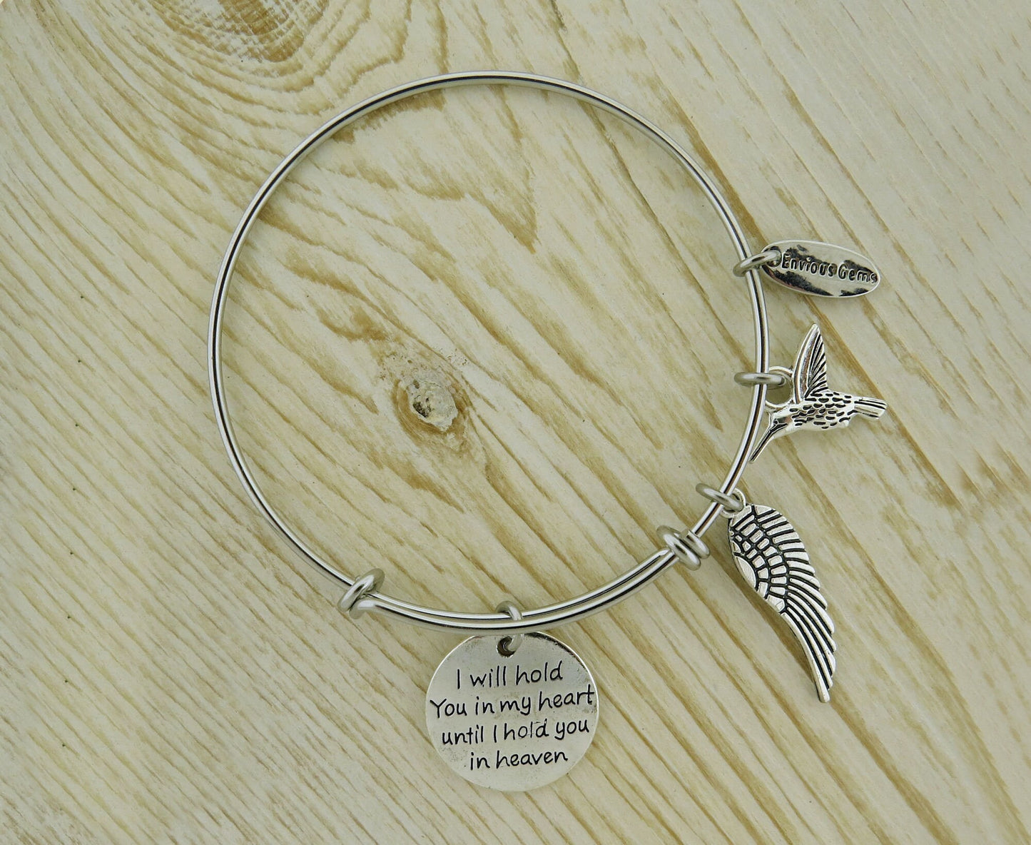 I Will Hold You in My Heart Until I Hold You in Heaven Angel Wing Memorial Spiritual Hummingbird Stainless Steel Adjustable Bracelet