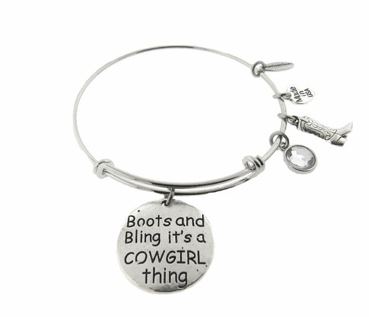 Boots and Bling It's a Cowgirl Thing Stainless Steel Adjustable Bracelet Cowgirl Bracelet * Bling Choices ( Clear, Amber, Blue, Green, Red )