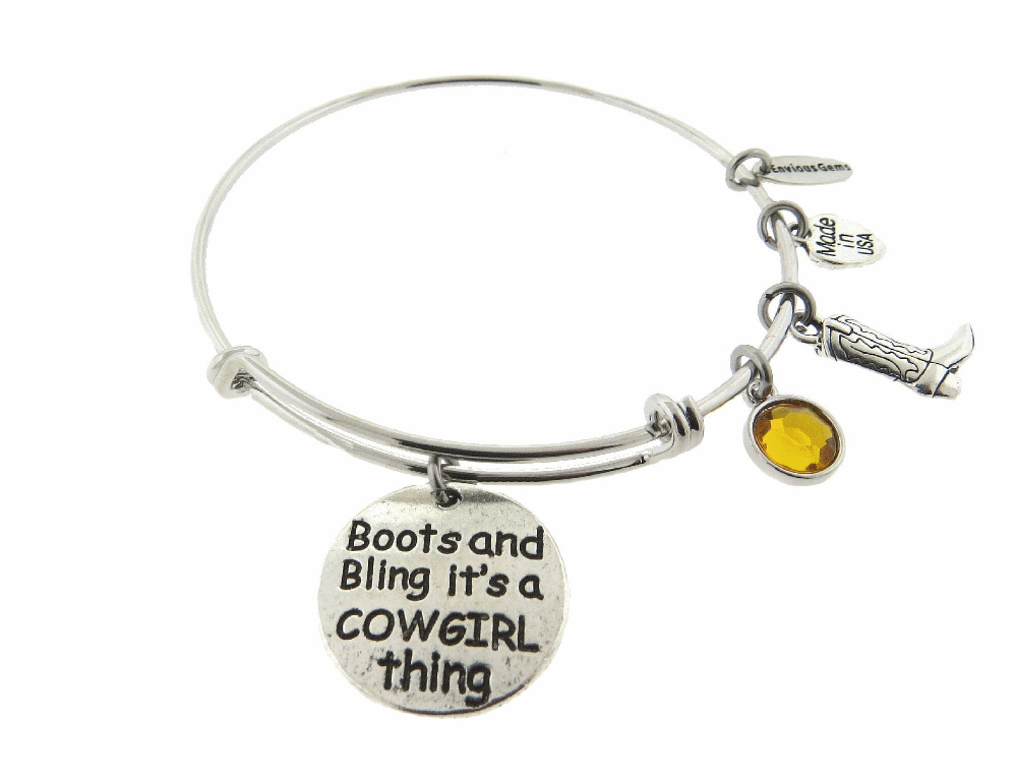 Boots and Bling It's a Cowgirl Thing Stainless Steel Adjustable Bracelet Cowgirl Bracelet * Bling Choices ( Clear, Amber, Blue, Green, Red )