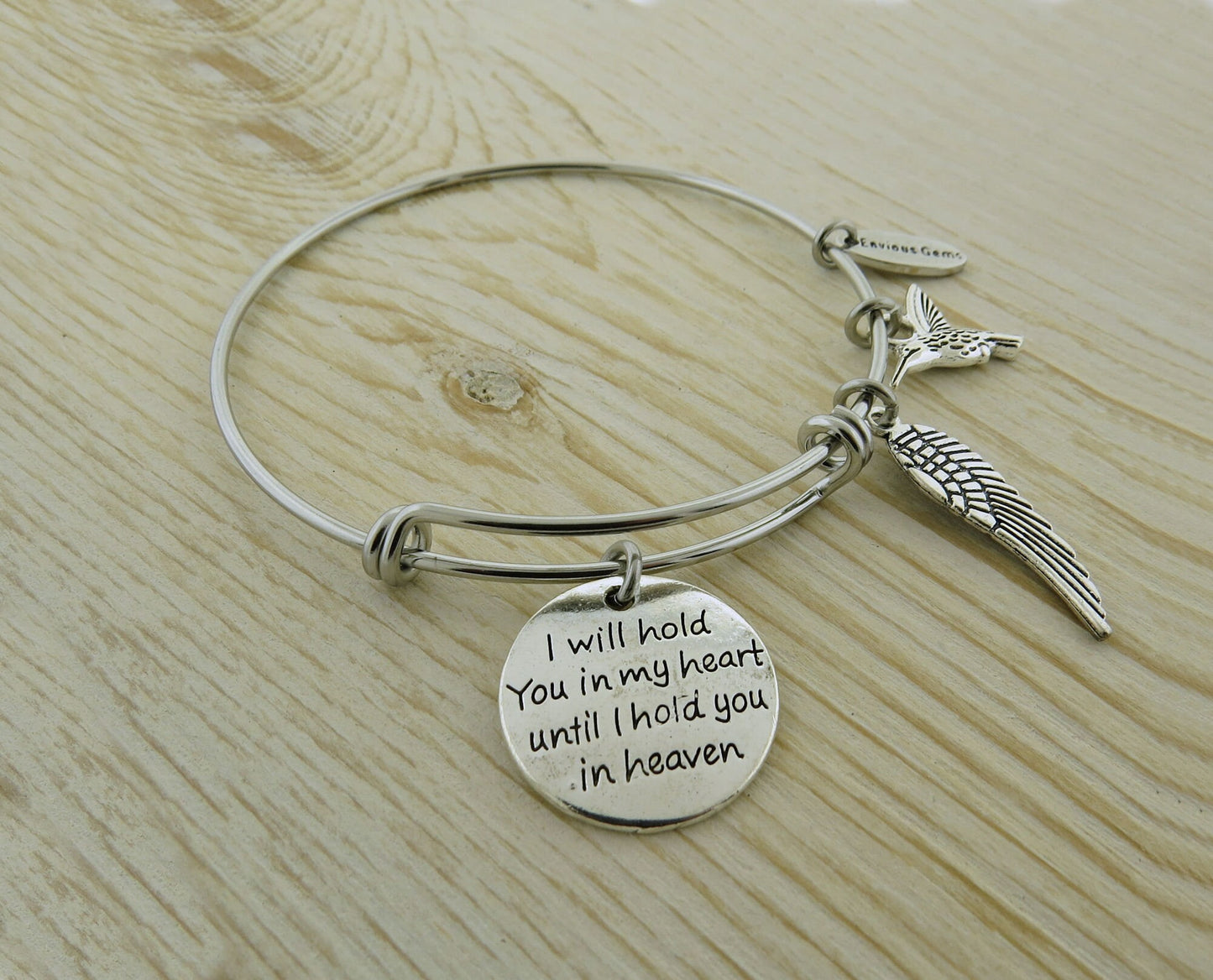 I Will Hold You in My Heart Until I Hold You in Heaven Angel Wing Memorial Spiritual Hummingbird Stainless Steel Adjustable Bracelet