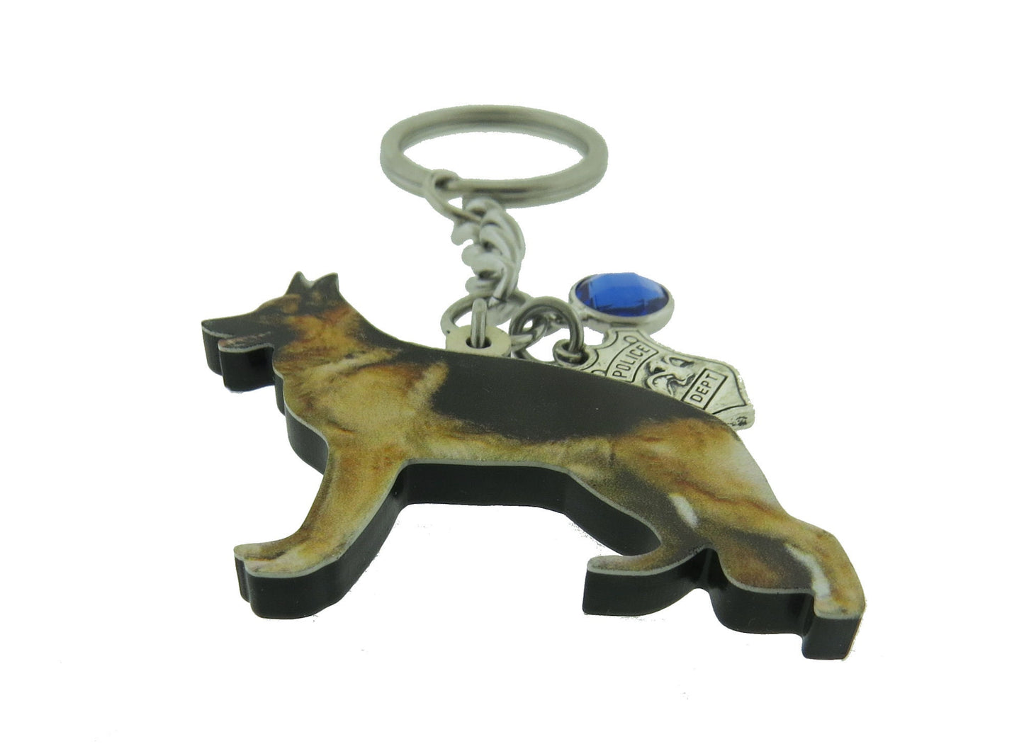 Police K-9 Officer Keychain, Police German Shepherd Dog Stainless Steel Keychain Police Badge Shield with Blue Crystal Charm Key Chain Gift