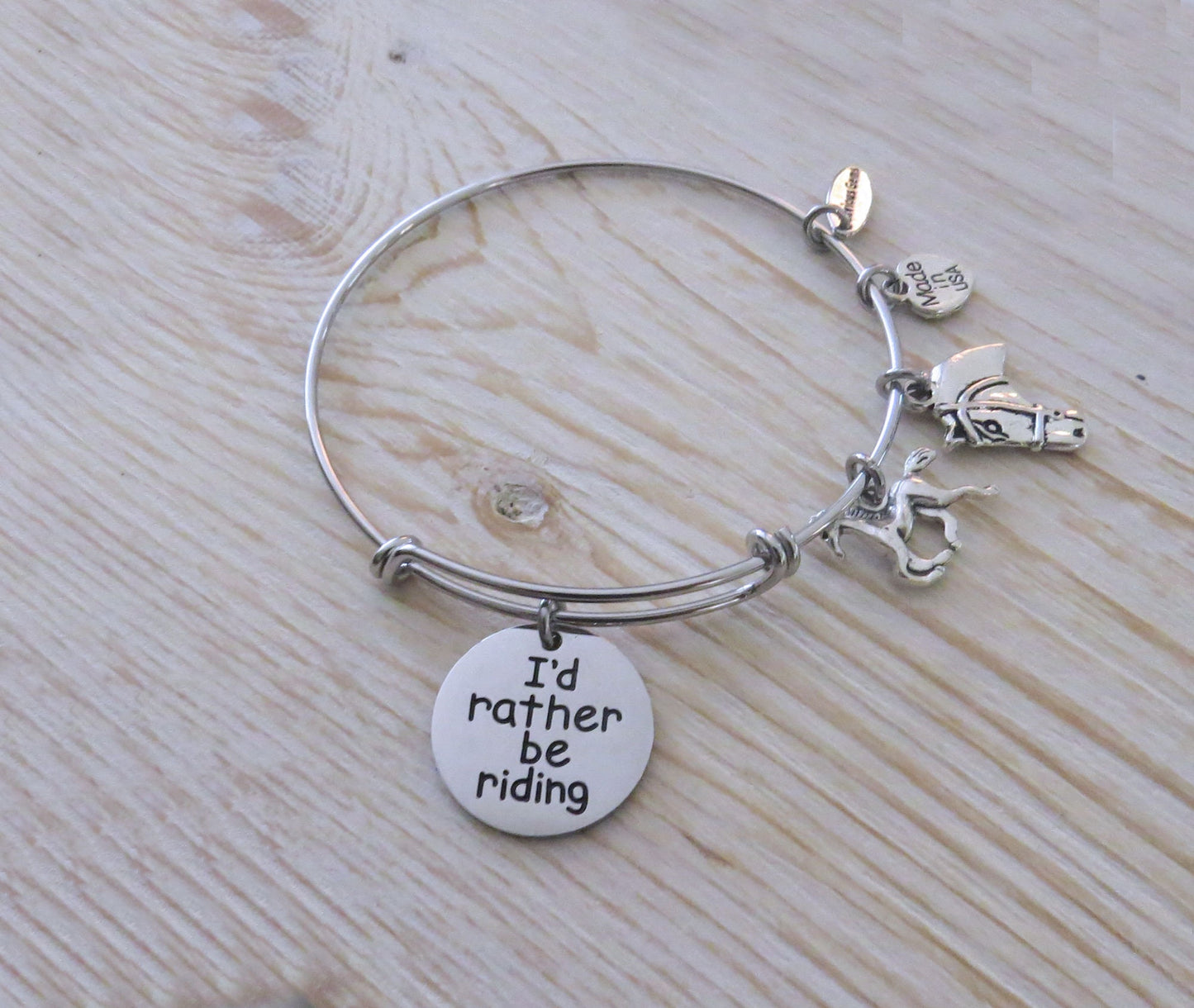 I'd Rather Be Riding Horse Equestrian Adjustable Stainless Steel Expandable Wire Charm Bracelet * Now with Stainless Steel Disc Charm