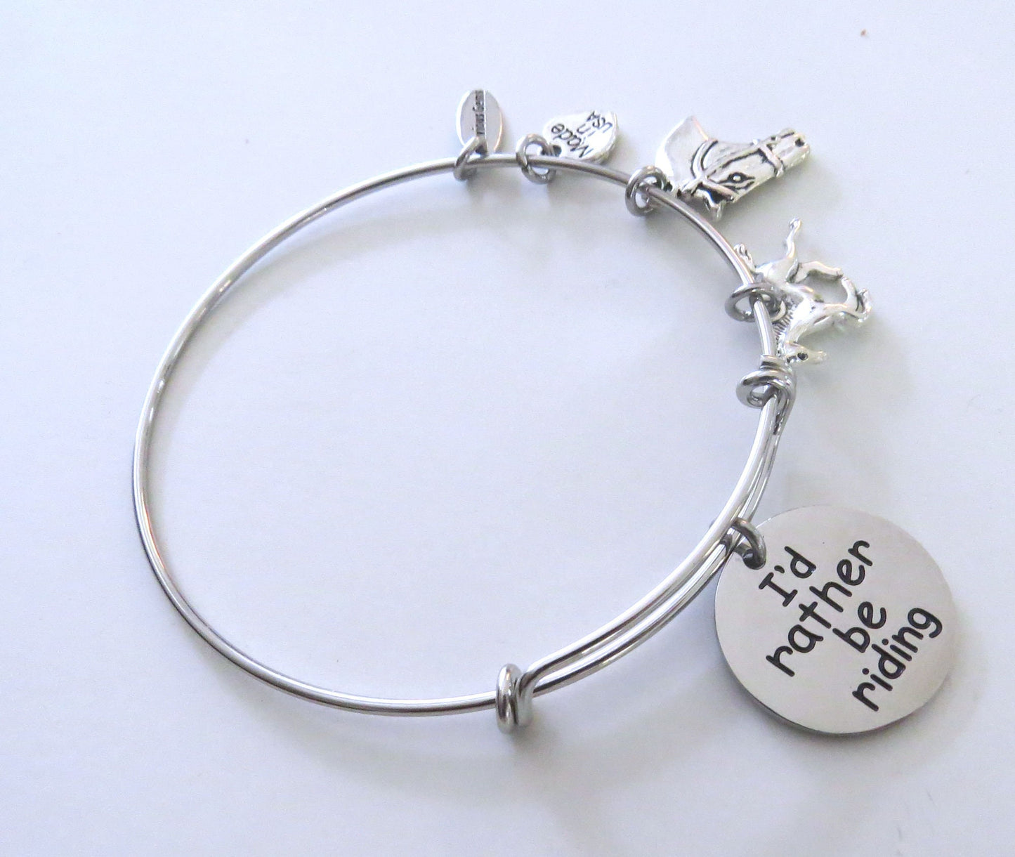 I'd Rather Be Riding Horse Equestrian Adjustable Stainless Steel Expandable Wire Charm Bracelet * Now with Stainless Steel Disc Charm
