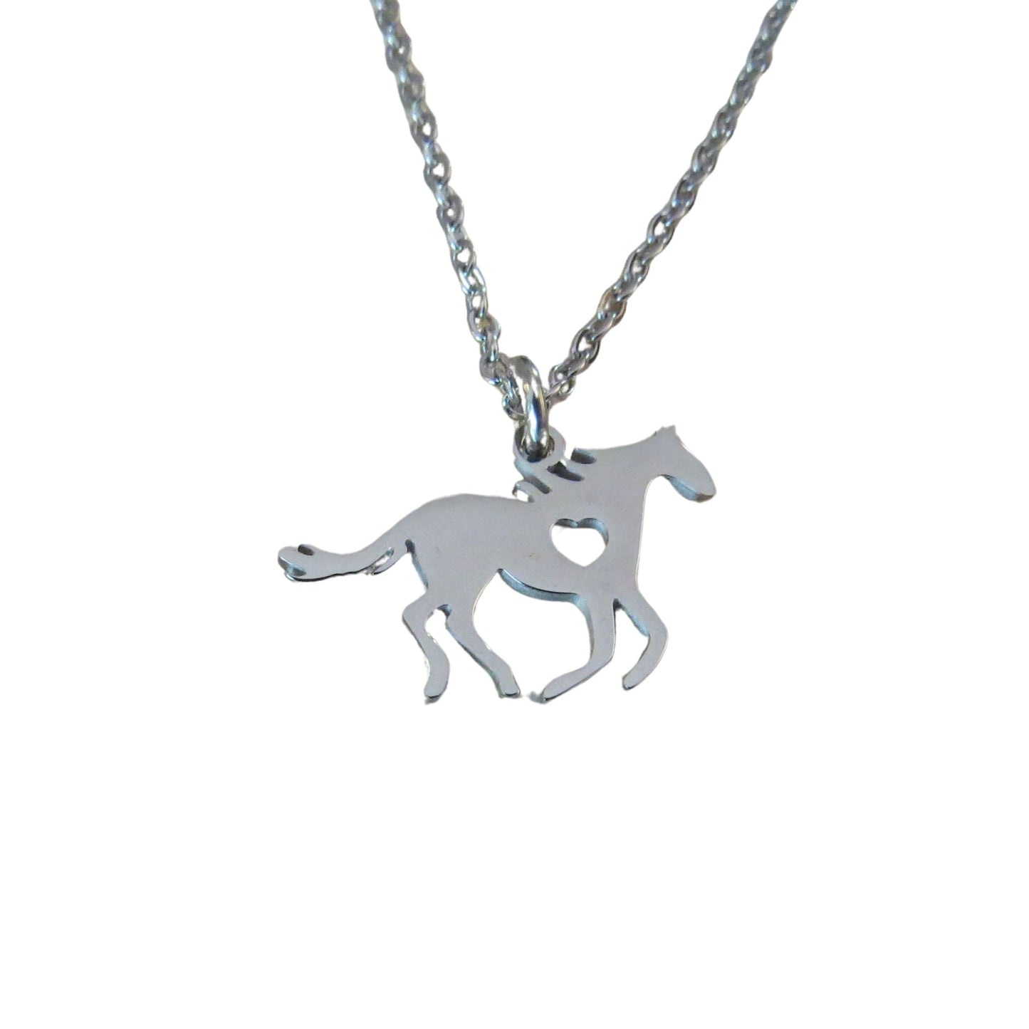 Stainless Steel Galloping Horse Silhouette Double-Sided Pendant with Laser Cut Heart 16" Necklace