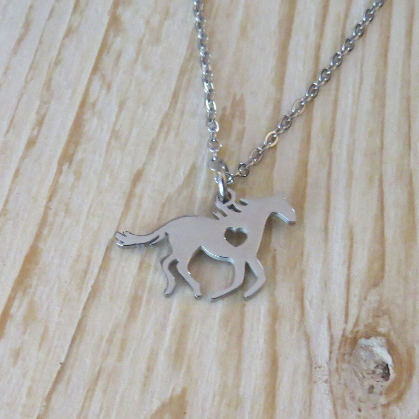 Stainless Steel Galloping Horse Silhouette Double-Sided Pendant with Laser Cut Heart 16" Necklace