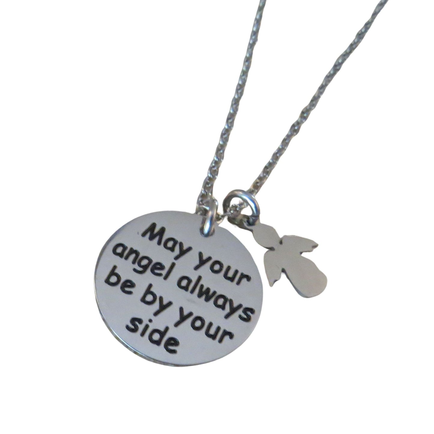 May Your Angel Always Be By Your Side" Engraved Stainless Steel Disc Pendant Necklace with Angel Charm