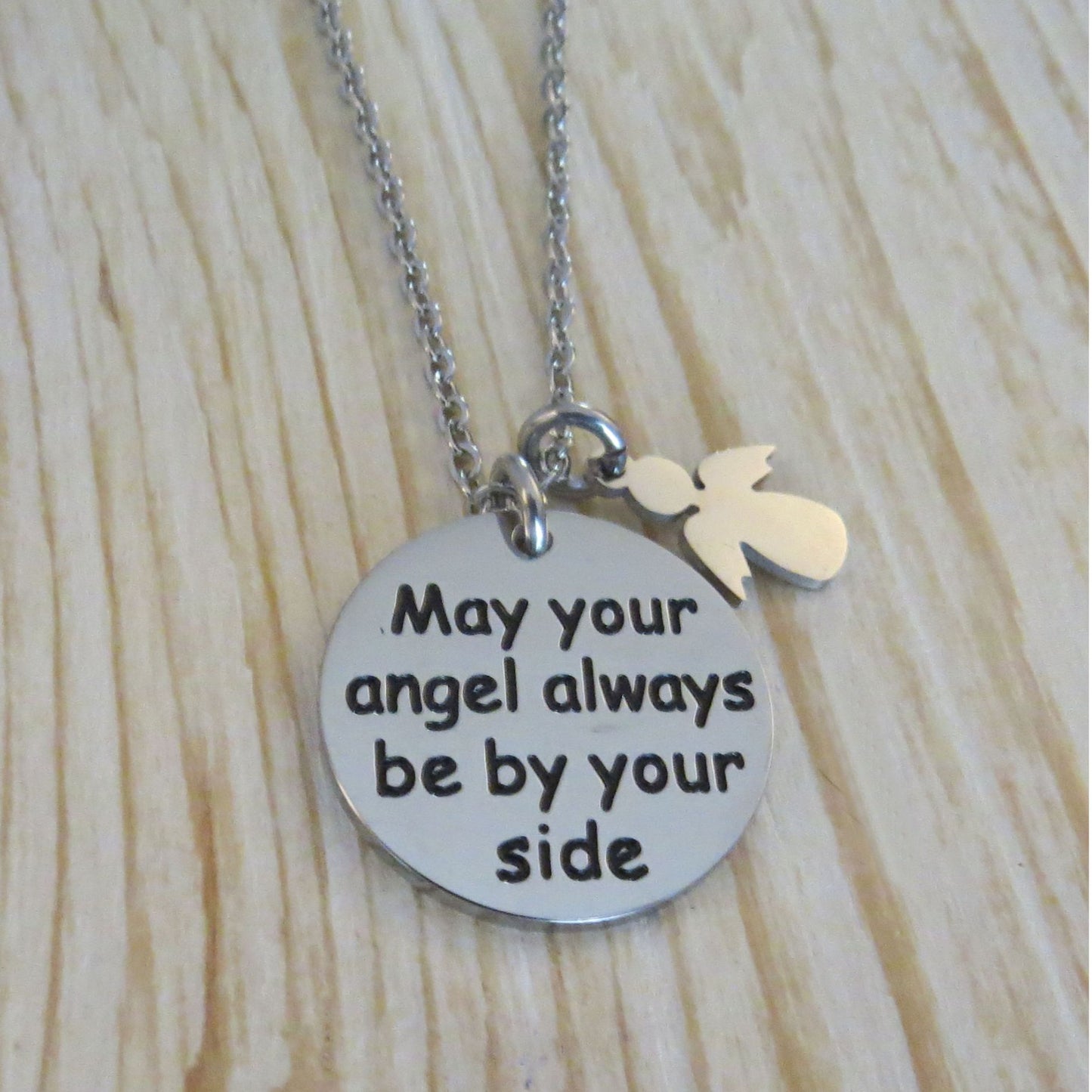 May Your Angel Always Be By Your Side" Engraved Stainless Steel Disc Pendant Necklace with Angel Charm