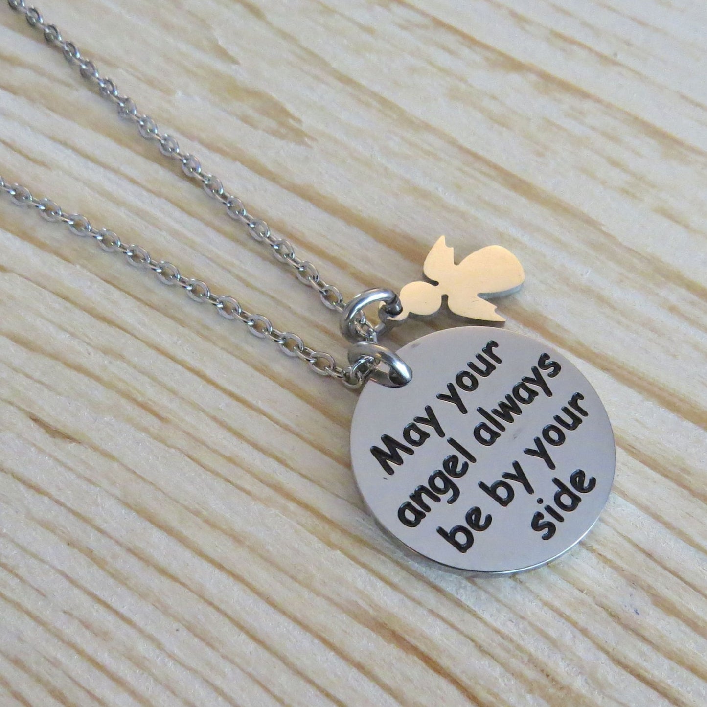 May Your Angel Always Be By Your Side" Engraved Stainless Steel Disc Pendant Necklace with Angel Charm