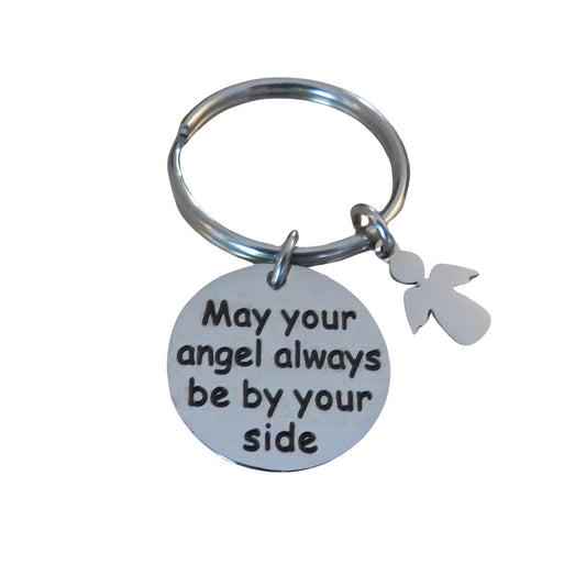 May Your Angel Always Be By Your Side" Engraved Stainless Steel Disc Keychain with Angel Charm