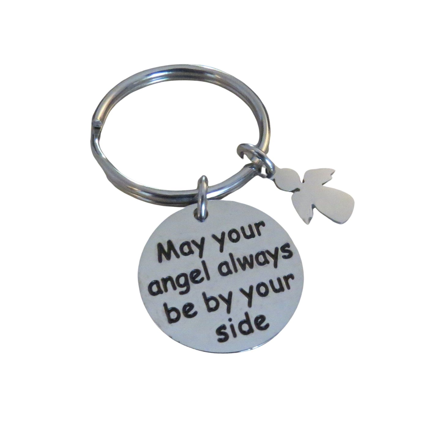 May Your Angel Always Be By Your Side" Engraved Stainless Steel Disc Keychain with Angel Charm