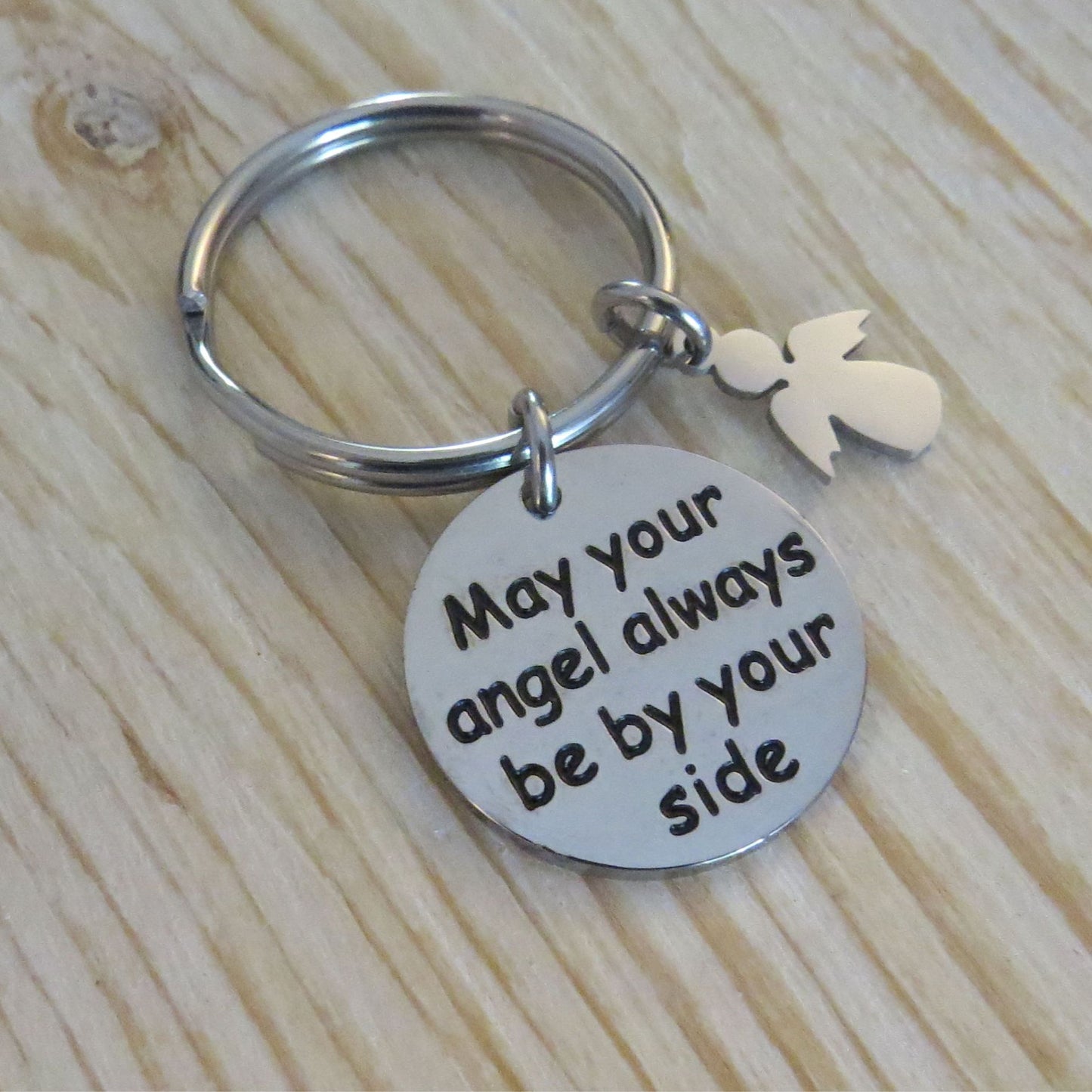 May Your Angel Always Be By Your Side" Engraved Stainless Steel Disc Keychain with Angel Charm