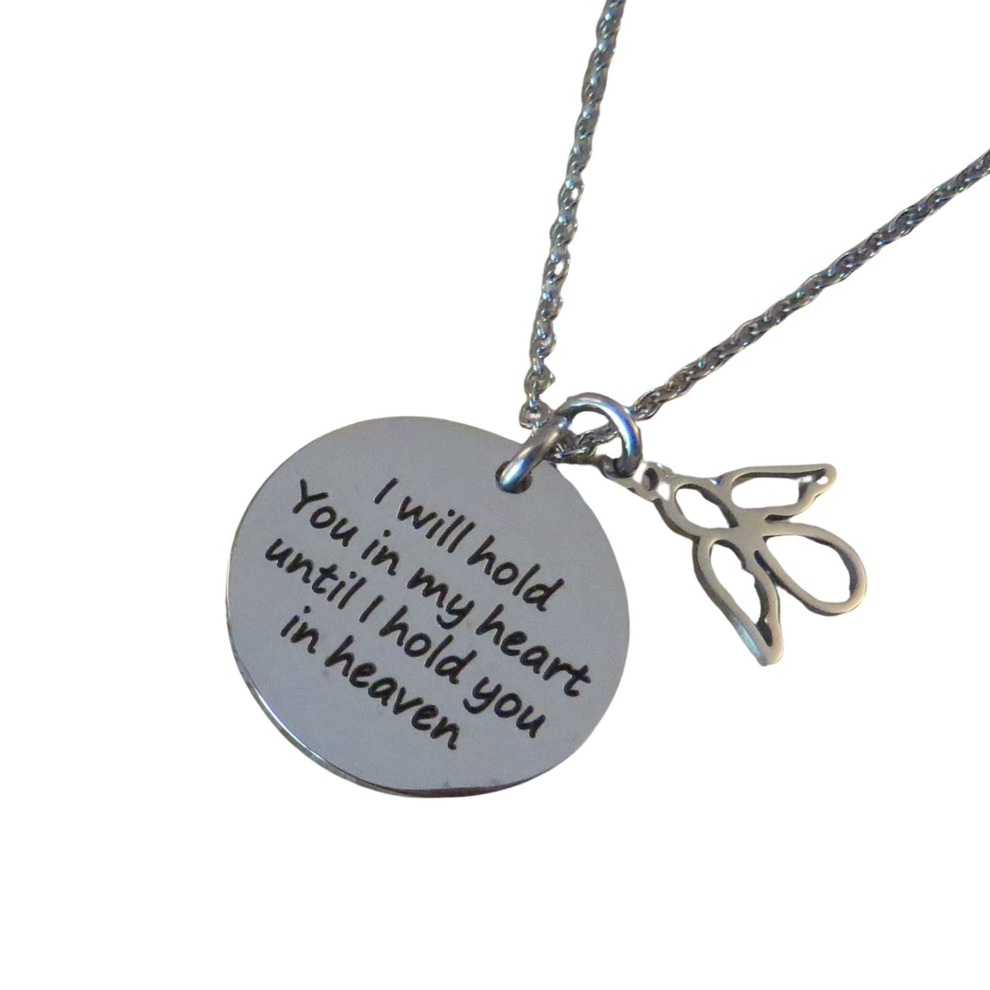 I Will Hold You in My Heart, Until I Hold You in Heaven" Stainless Steel Disc Charm with Angel or Angel Wing Charm 18" Necklace Memorial Gift