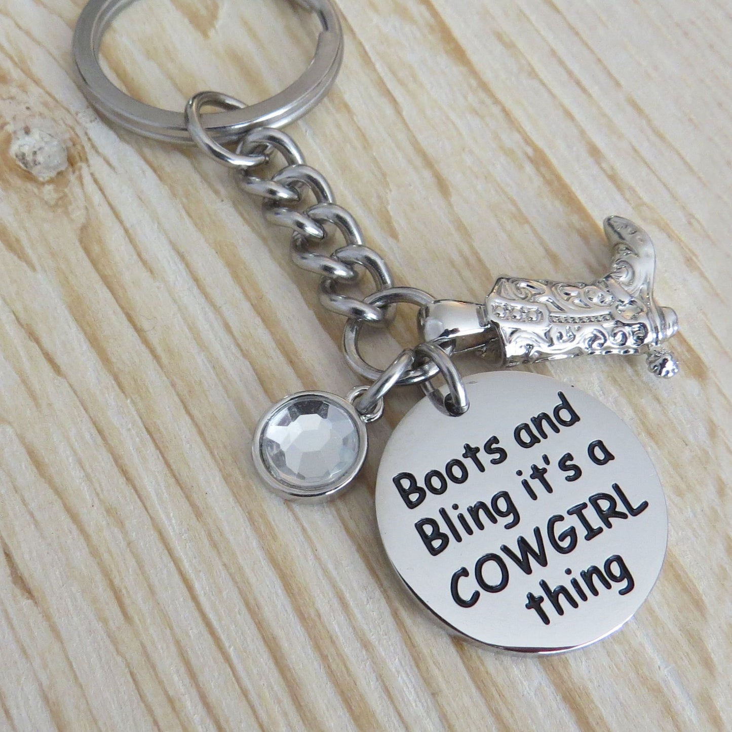 Boots and Bling It's a Cowgirl Thing" Stainless Steel Disc with Crystal Charm and 3-D Cowgirl Boot Charm Keychain