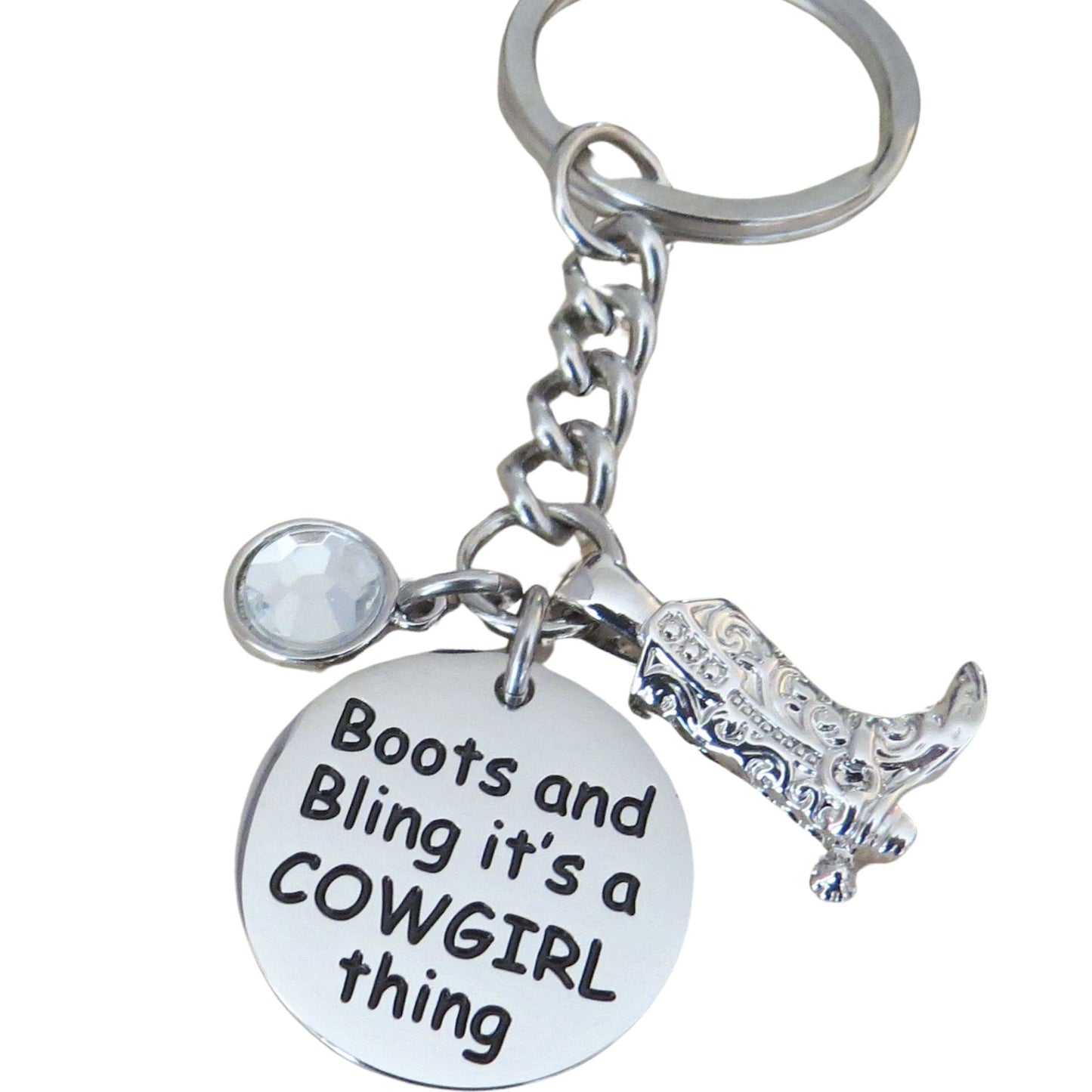 Boots and Bling It's a Cowgirl Thing" Stainless Steel Disc with Crystal Charm and 3-D Cowgirl Boot Charm Keychain