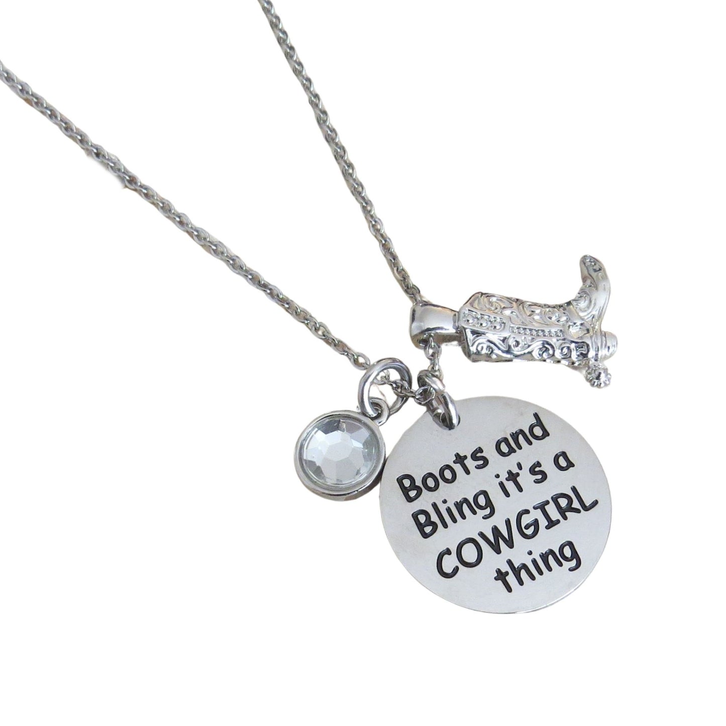 Boots and Bling It's a Cowgirl Thing" Stainless Steel Disc with Crystal Charm and 3-D Cowgirl Boot Pendant Necklace 18"