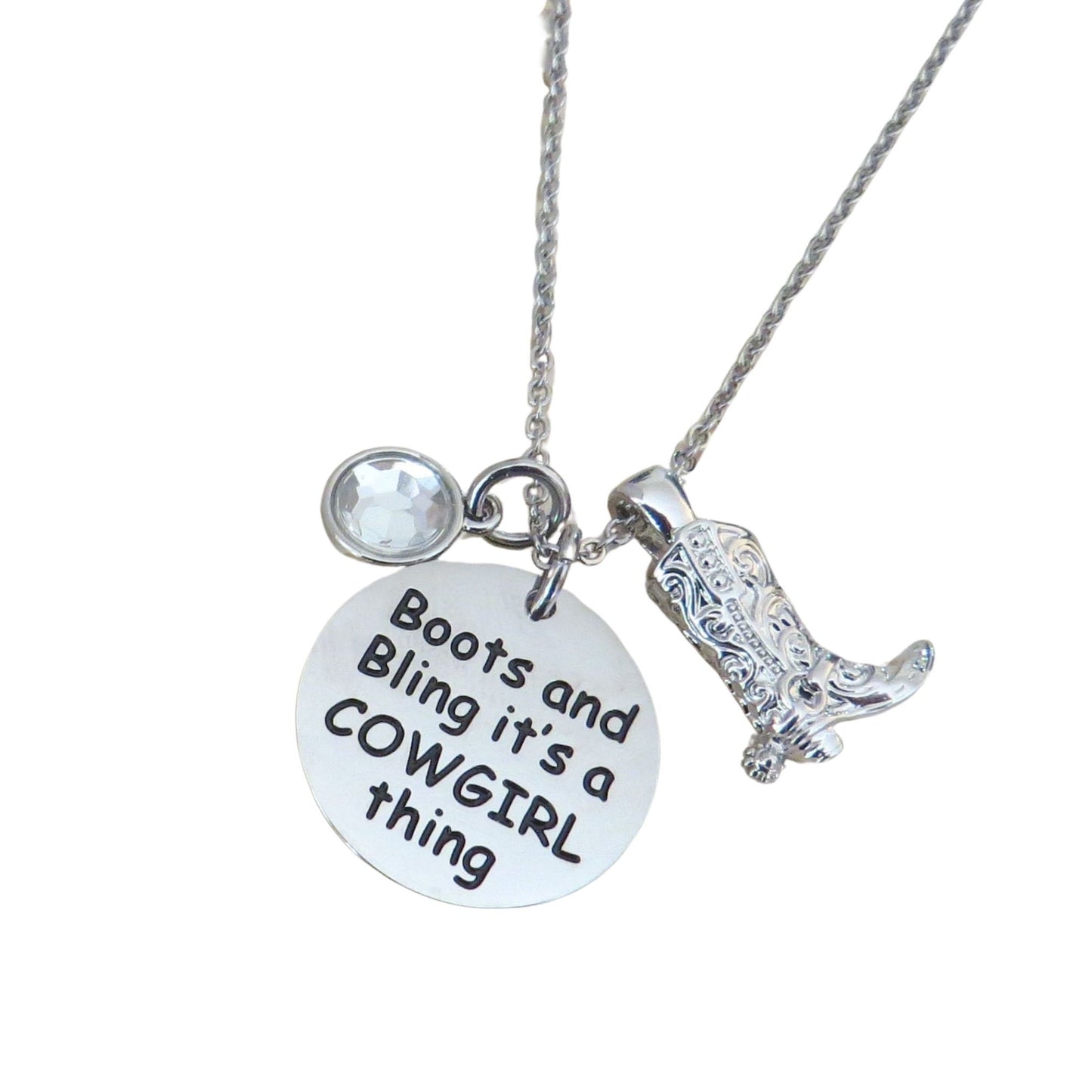 Boots and Bling It's a Cowgirl Thing" Stainless Steel Disc with Crystal Charm and 3-D Cowgirl Boot Pendant Necklace 18"