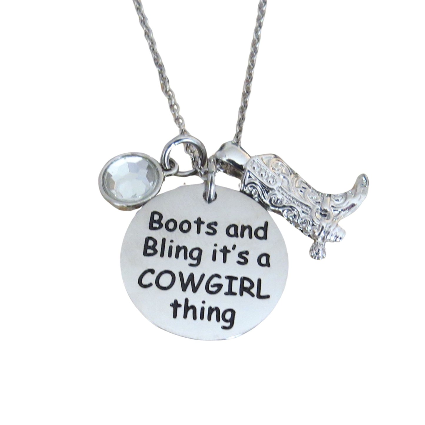 Boots and Bling It's a Cowgirl Thing" Stainless Steel Disc with Crystal Charm and 3-D Cowgirl Boot Pendant Necklace 18"