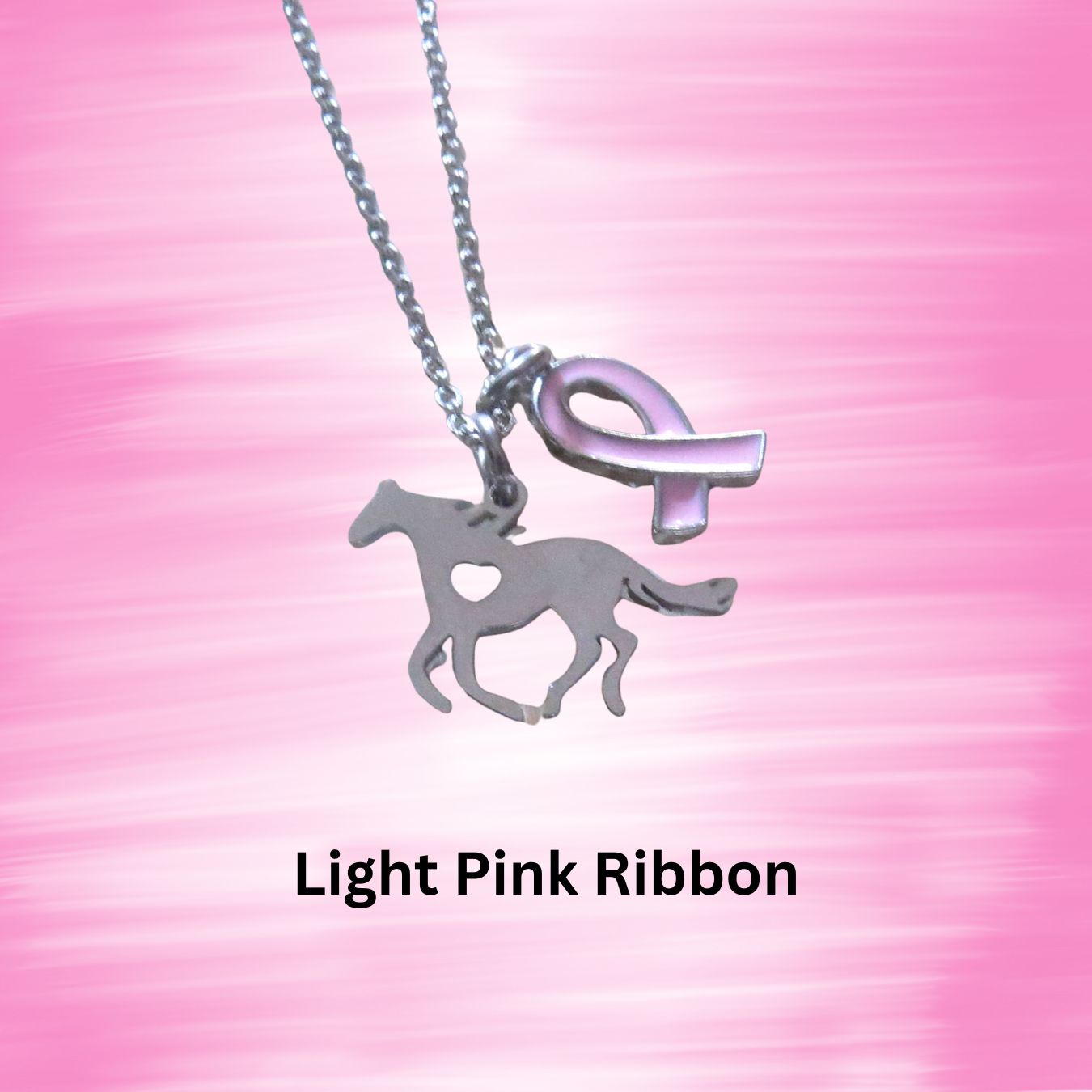 Stainless Steel Galloping Horse Silhouette Pendant Necklace – Laser Cut Heart Breast Cancer Awareness Jewelry 16" Chain