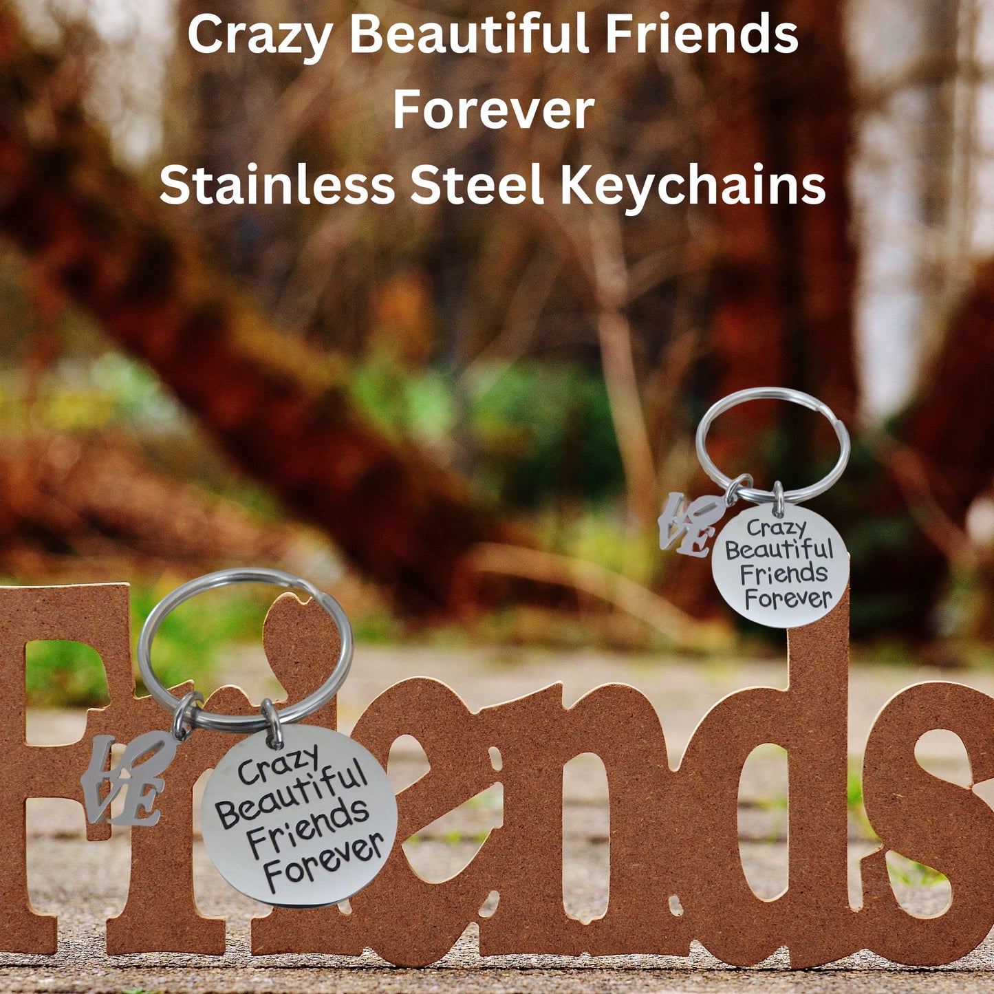 Crazy Beautiful Friends forever Stainless-Steel Engraved Disc with Laser Cut Love Charm Keychain