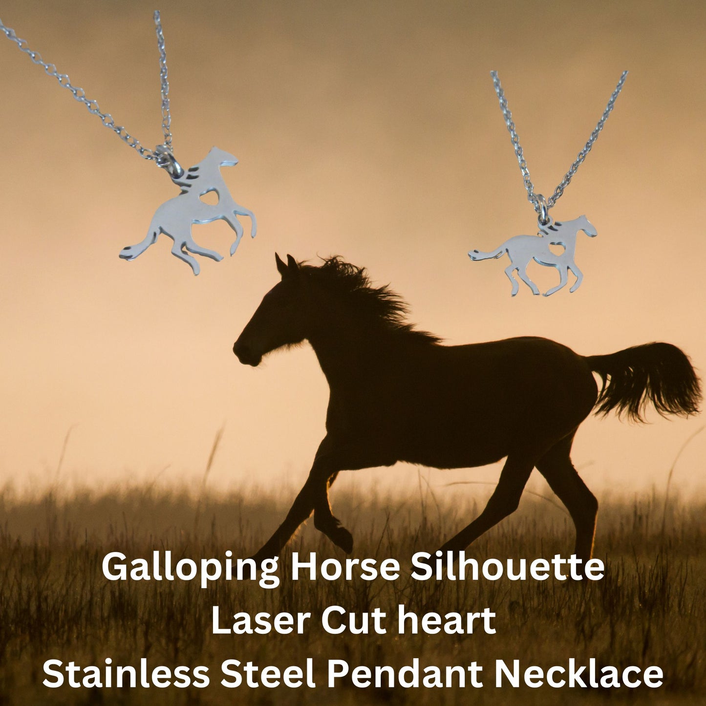 Stainless Steel Galloping Horse Silhouette Double-Sided Pendant with Laser Cut Heart 16" Necklace