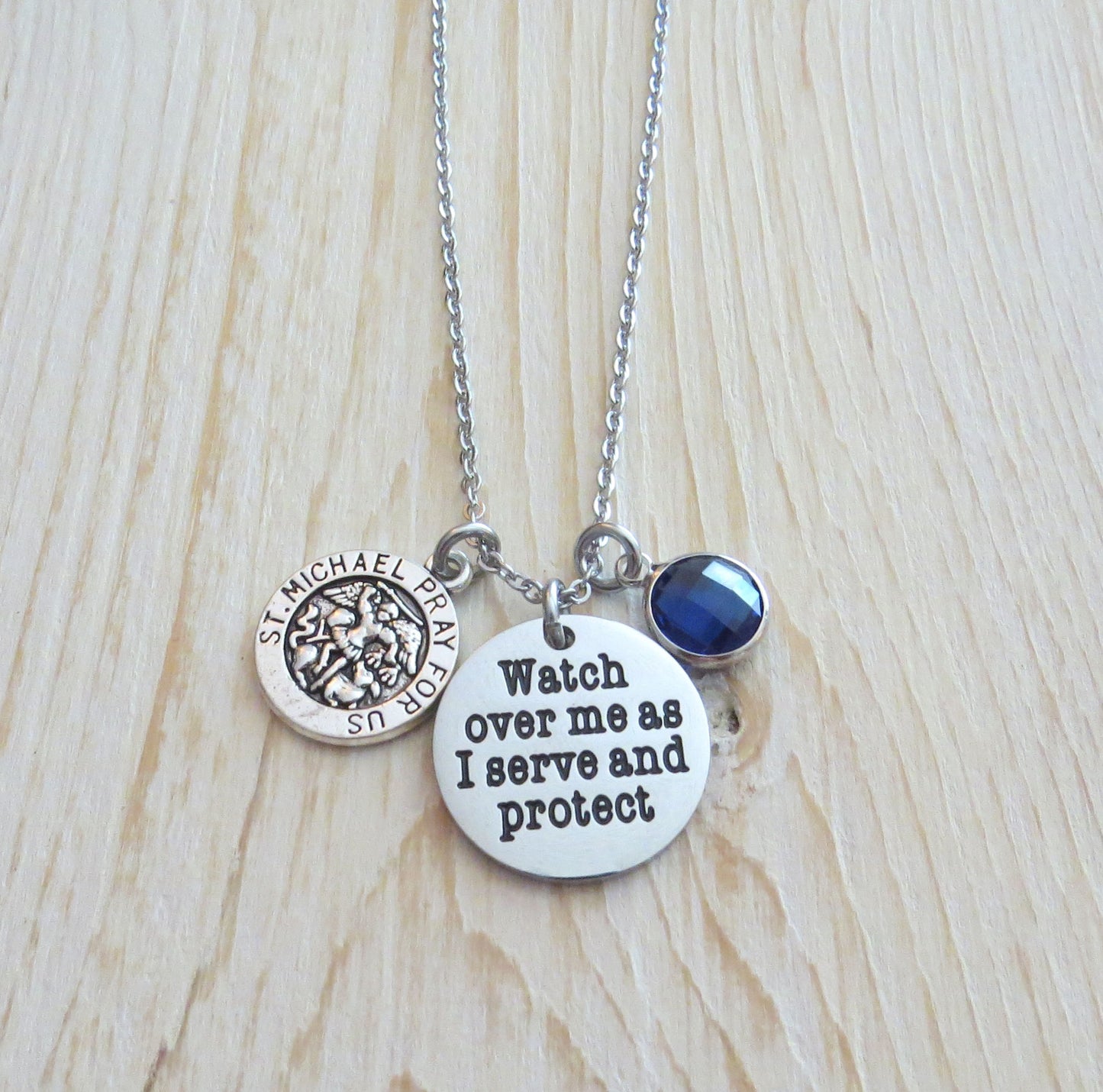 Watch Over Me as I Serve and Protect Stainless Steel Engraved Pendant Police with Blue Crystal Charm, and Saint Michael's Charm Necklace