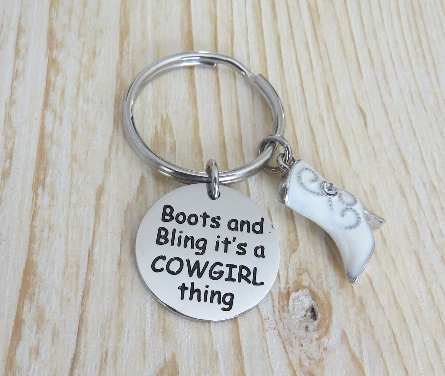 Boots and Bling It’s a Cowgirl Thing Stainless Steel Keychain with 3-D Enamel Cowgirl Boot Charm