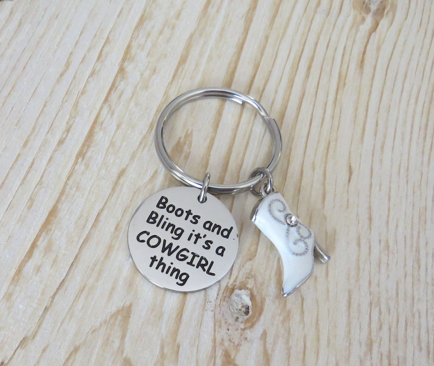 Boots and Bling It’s a Cowgirl Thing Stainless Steel Keychain with 3-D Enamel Cowgirl Boot Charm