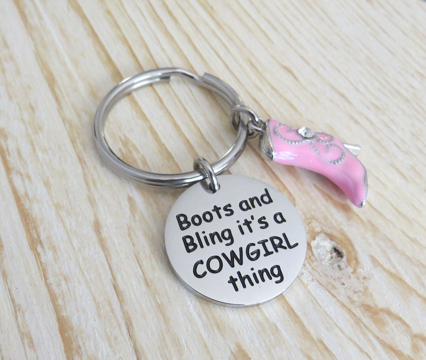 Boots and Bling It’s a Cowgirl Thing Stainless Steel Keychain with 3-D Enamel Cowgirl Boot Charm