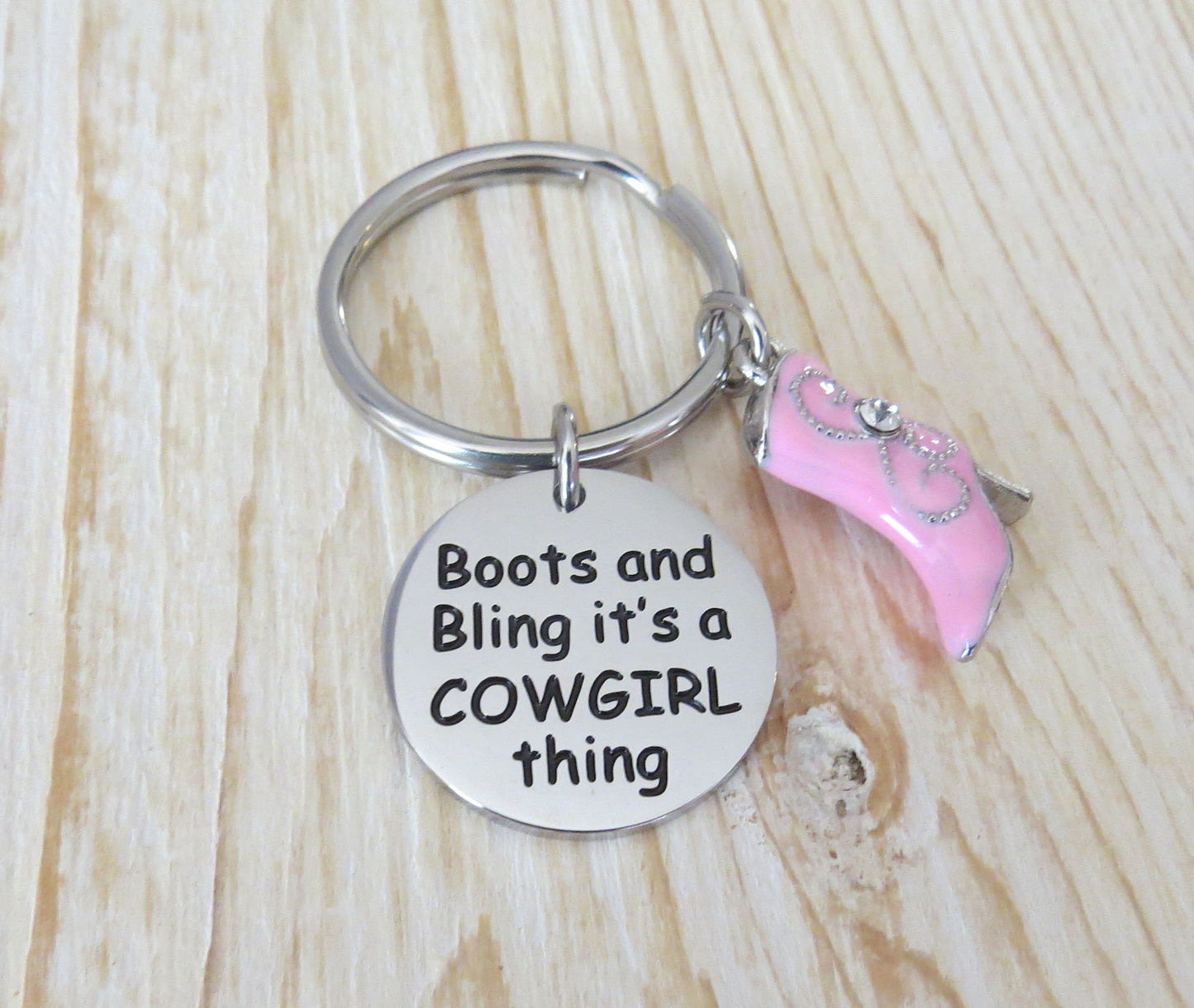 Boots and Bling It’s a Cowgirl Thing Stainless Steel Keychain with 3-D Enamel Cowgirl Boot Charm