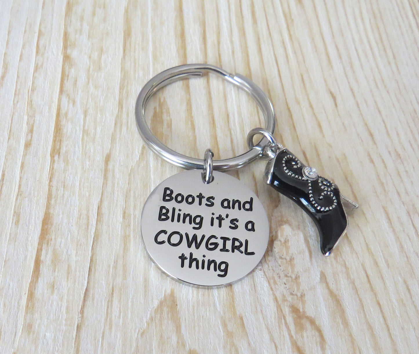 Boots and Bling It’s a Cowgirl Thing Stainless Steel Keychain with 3-D Enamel Cowgirl Boot Charm