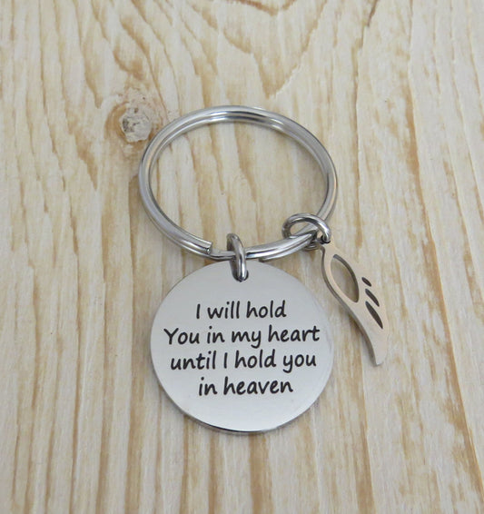 I Will Hold You in My Heart, Until I Hold You in Heaven" Stainless Steel Disc Charm with Angel Wing Charm on a Keyring Memorial Gift