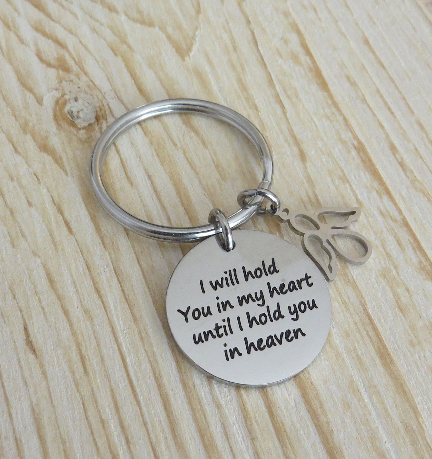 I Will Hold You in My Heart, Until I Hold You in Heaven" Stainless Steel Disc Charm with Angel Charm on a Keyring Memorial Gift