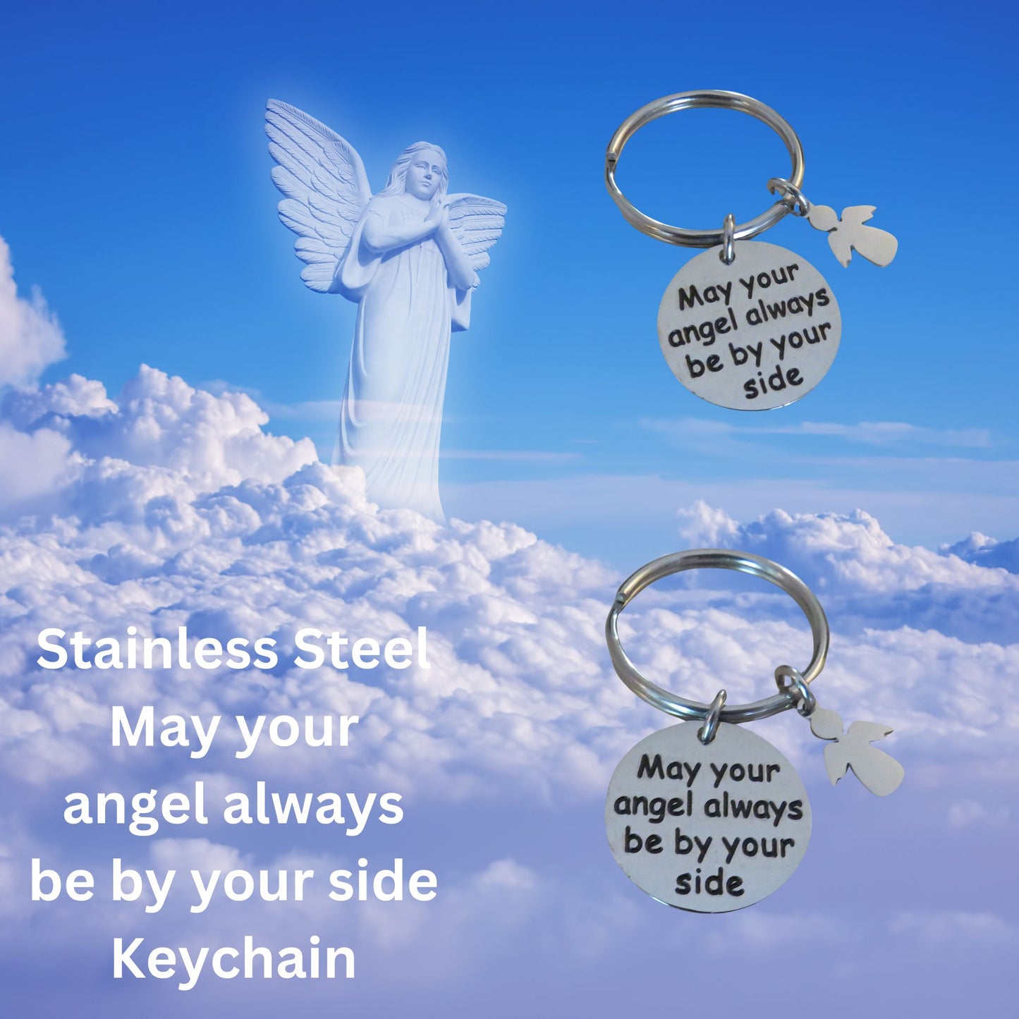 May Your Angel Always Be By Your Side" Engraved Stainless Steel Disc Keychain with Angel Charm