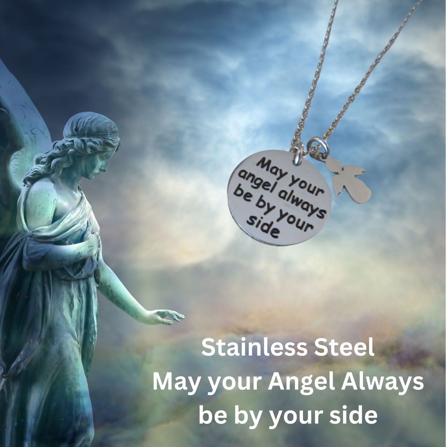 May Your Angel Always Be By Your Side" Engraved Stainless Steel Disc Pendant Necklace with Angel Charm