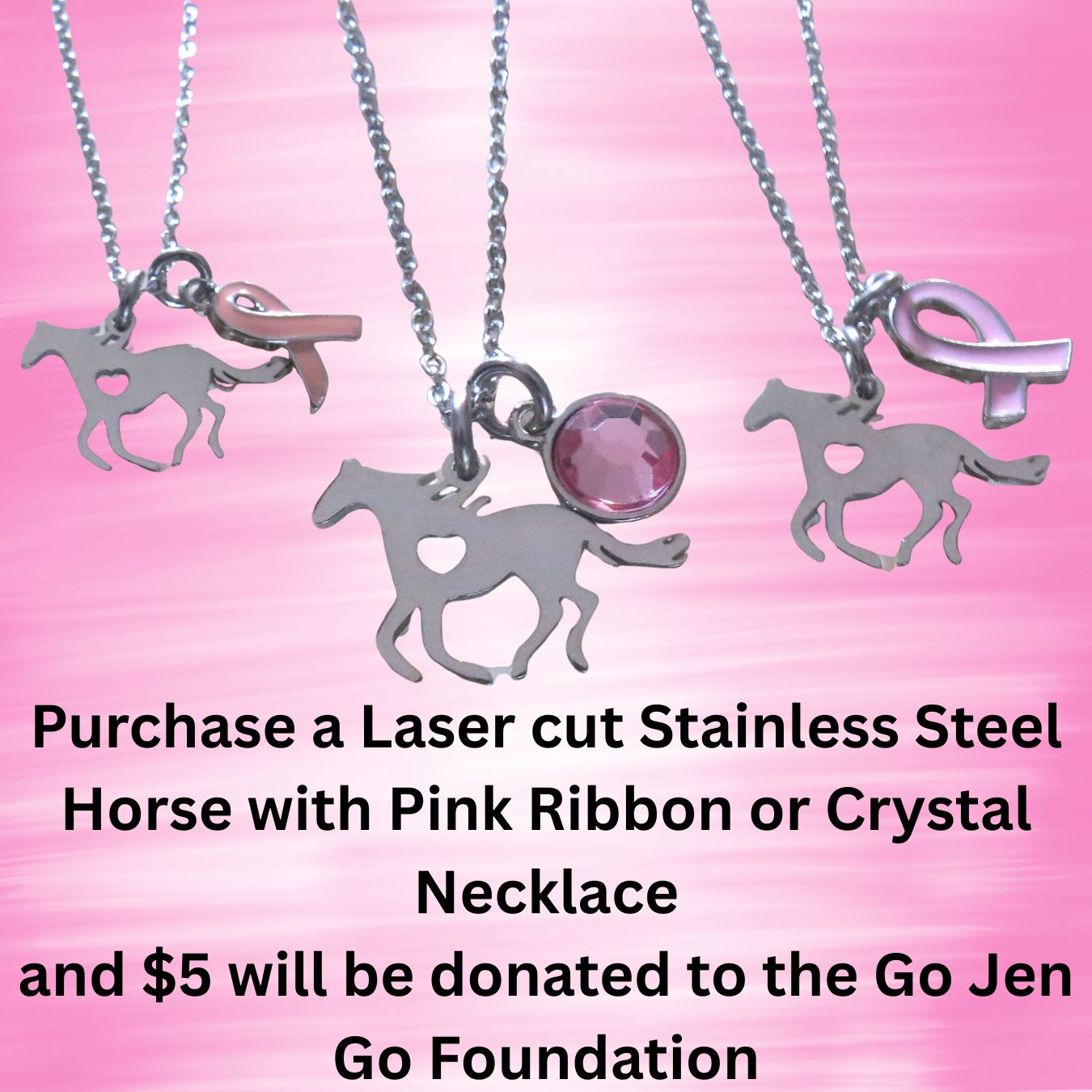 Stainless Steel Galloping Horse Silhouette Pendant Necklace – Laser Cut Heart Breast Cancer Awareness Jewelry 16" Chain
