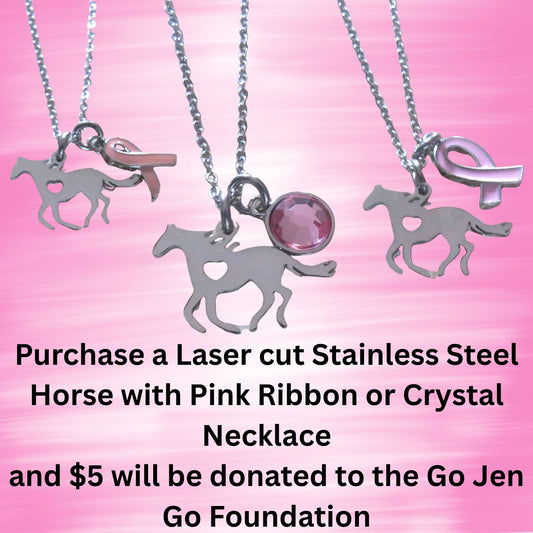 Stainless Steel Galloping Horse Silhouette Pendant Necklace – Laser Cut Heart Breast Cancer Awareness Jewelry 16" Chain