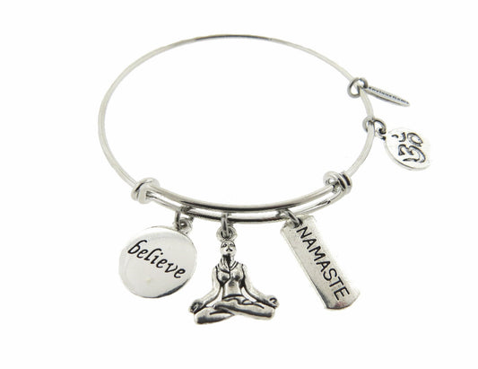 Yoga Believe Namaste Silver Expandable Stainless Steel Bracelet OM Adjustable Wire Bracelet