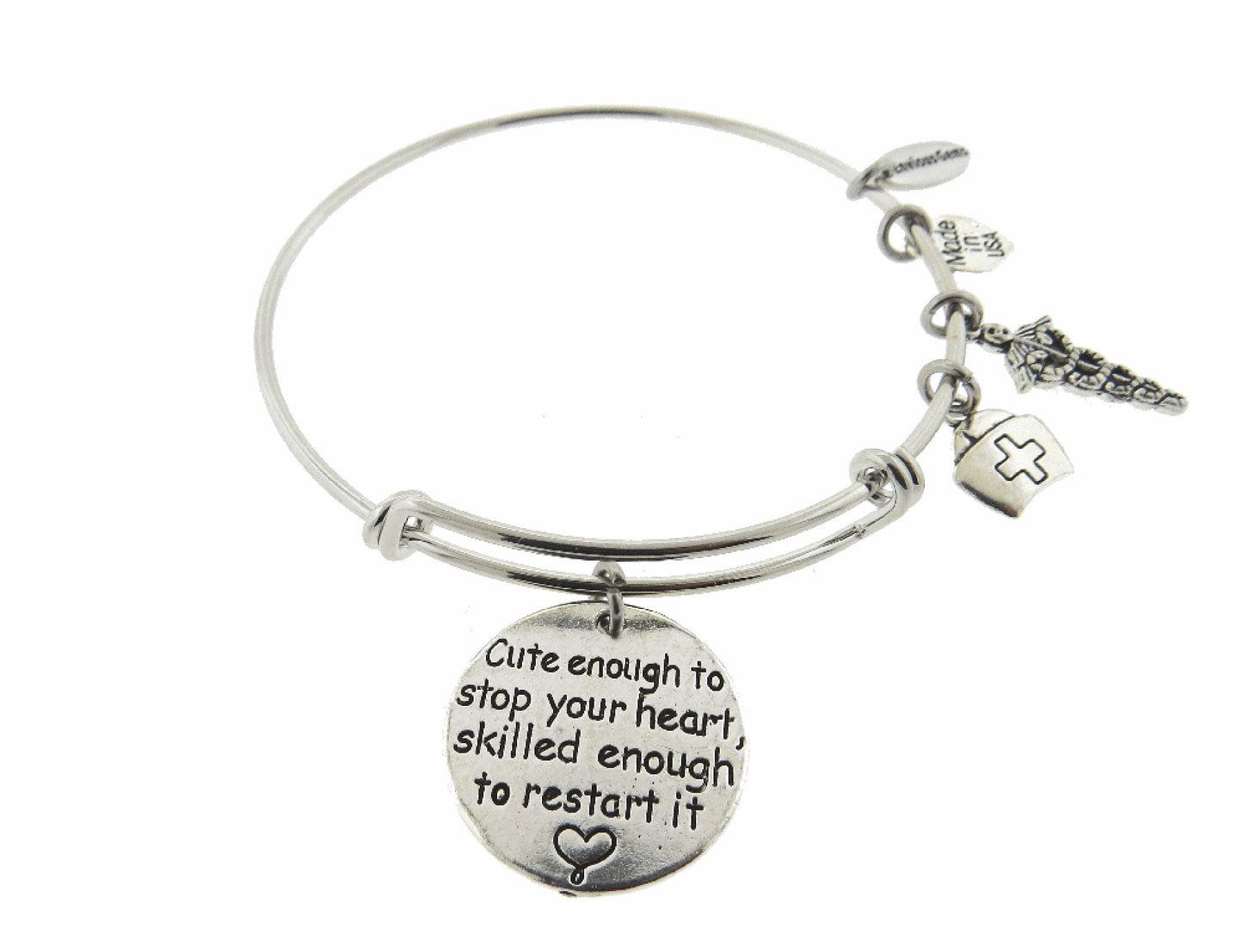 Doctor Gift Cardiologist Cute Enough To Stop Your Heart Skilled Enough To Restart it Silver Expandable Stainless Steel Bracelet