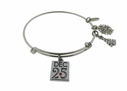 Christmas December 25th Silver Expandable Stainless Steel Bracelet Christmas Tree Snowflake Adjustable Bracelet