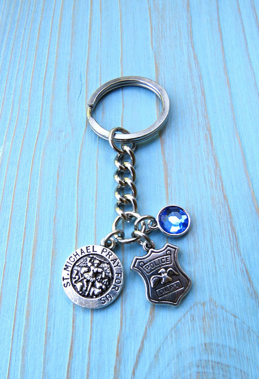 ST. Michael's POLICE Officer Keychain, Police Academy Graduation Stainless Steel Keychain Key Ring Gift