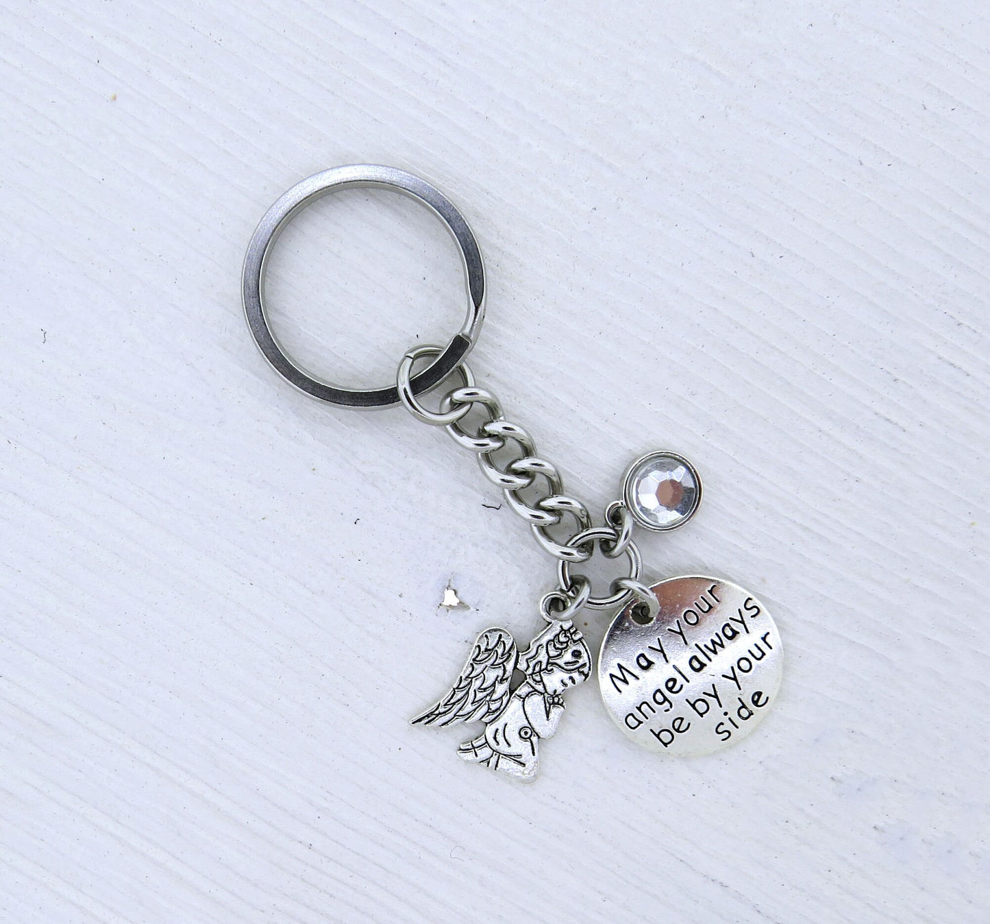 May Your Angel Always Be by Your Side Guardian Angel Say a Prayer Clear Crystal inspirational Stainless Steel Keychain