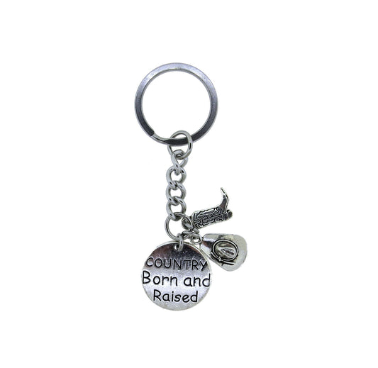 Country Born and Raised Cowgirl Stainless Steel Keychain Cowboy Key Ring Gift Country Western Key Holder