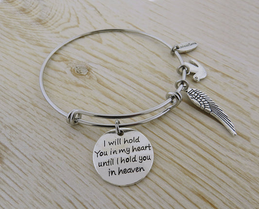 I Will Hold You in My Heart Until I Hold You in Heaven Angel Wing Memorial Spiritual Dove Stainless Steel Adjustable Bracelet