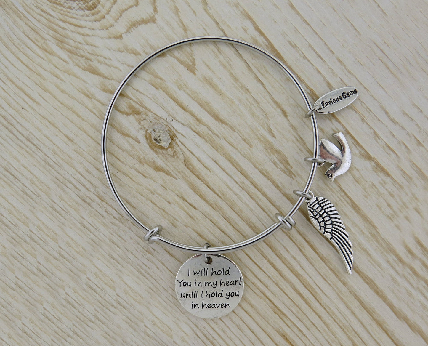 I Will Hold You in My Heart Until I Hold You in Heaven Angel Wing Memorial Spiritual Dove Stainless Steel Adjustable Bracelet