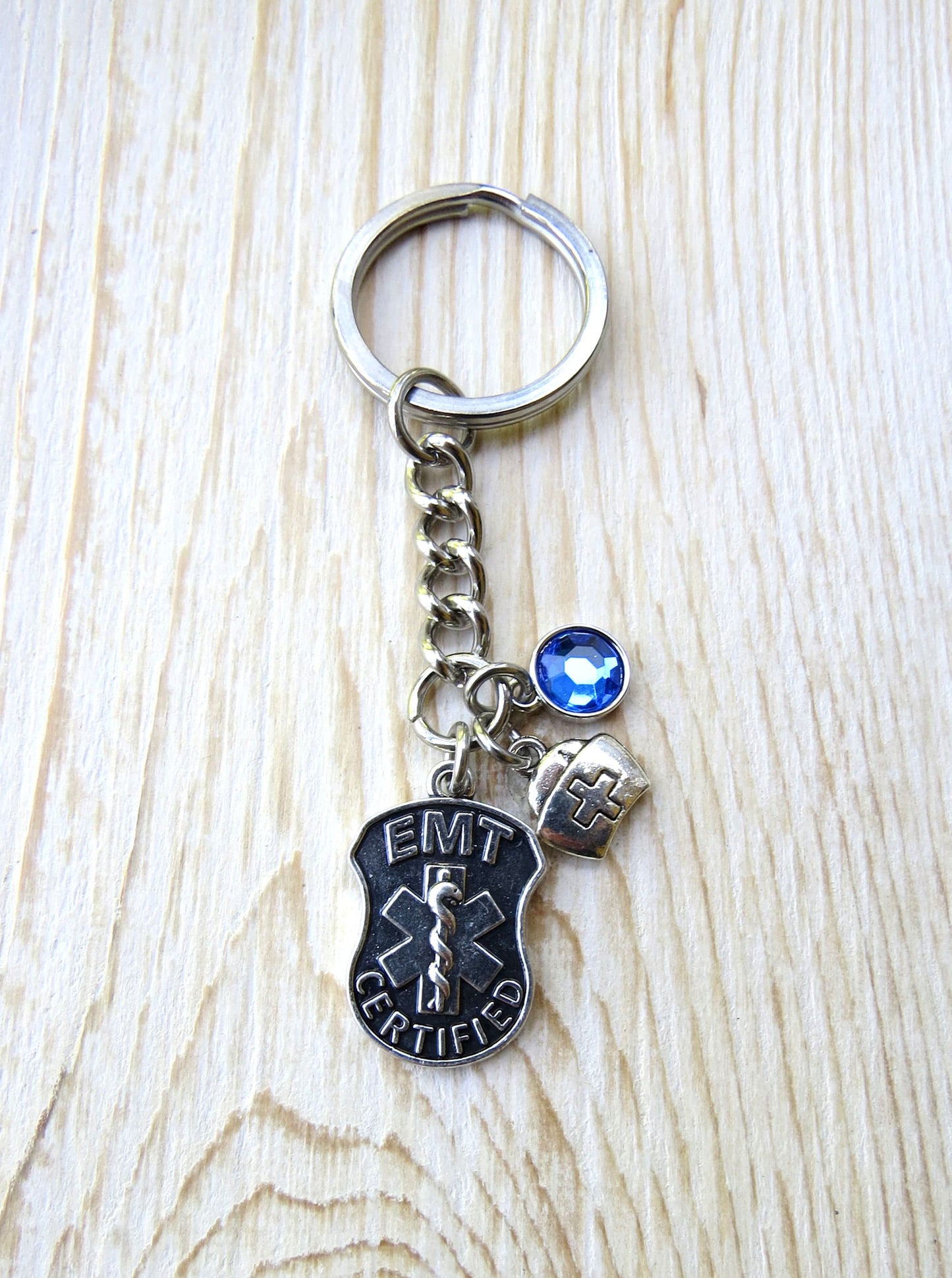 EMT Gift Keychains Blue Crystal Emergency Medical Technician School and Certification Graduation Stainless Steel Thank You Gift ideas