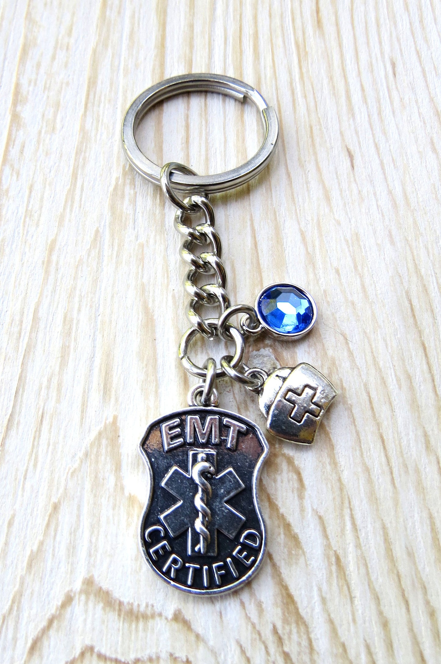 EMT Gift Keychains Blue Crystal Emergency Medical Technician School and Certification Graduation Stainless Steel Thank You Gift ideas