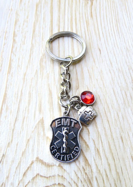 EMT Gift Keychains Red Crystal Emergency Medical Technician School and Certification Graduation Stainless Steel Thank You Gift ideas