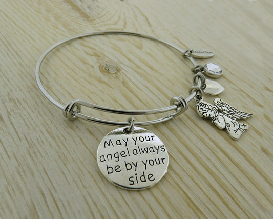 May Your Angel Always Be by Your Side Guardian Angel Say a Prayer Clear Crystal inspirational Stainless Steel Adjustable Bracelet