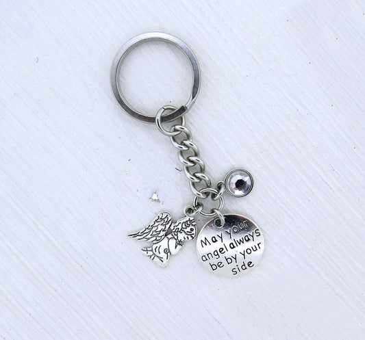 May Your Angel Always Be by Your Side Guardian Angel Say a Prayer Clear Crystal inspirational Stainless Steel Keychain